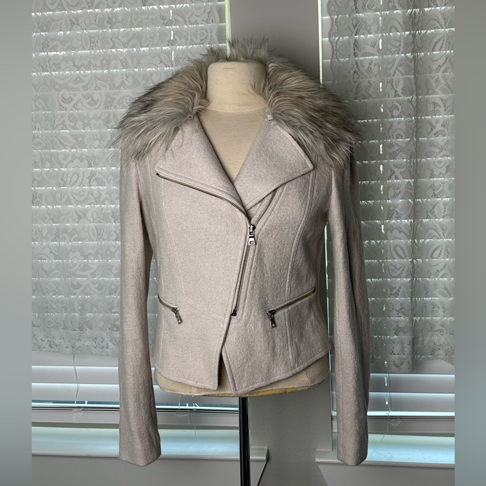 Ann Taylor Faux Fur Part Wool Blazer Style Zip Up Coat
